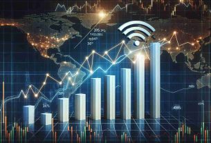 High definition image realistically representing the rise of a conceptual Wi-Fi signal indicator graphics by 34% with the backdrop of a stock market chart. The graphics breaks the key resistance line in the chart, symbolizing a remarkable improvement.