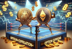 A high-definition, realistic image presenting the concept of Bitcoin and Ethereum grappling with option expirations worth billions. Create a visual representation of Bitcoin and Ethereum logos as wrestlers in a ring. The wrestling ring is bordered by abstract depictions of financial charts and graphs, symbolizing the high-stakes struggle. Golden dollar symbols floating around suggest the great wealth at stake. The background could be filled with binary codes in light colors, hinting at the digital nature of cryptocurrency.