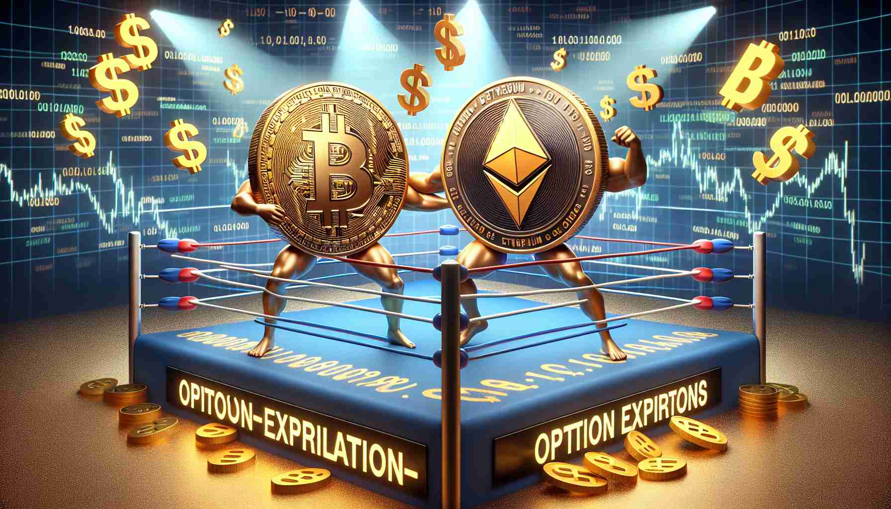 A high-definition, realistic image presenting the concept of Bitcoin and Ethereum grappling with option expirations worth billions. Create a visual representation of Bitcoin and Ethereum logos as wrestlers in a ring. The wrestling ring is bordered by abstract depictions of financial charts and graphs, symbolizing the high-stakes struggle. Golden dollar symbols floating around suggest the great wealth at stake. The background could be filled with binary codes in light colors, hinting at the digital nature of cryptocurrency.