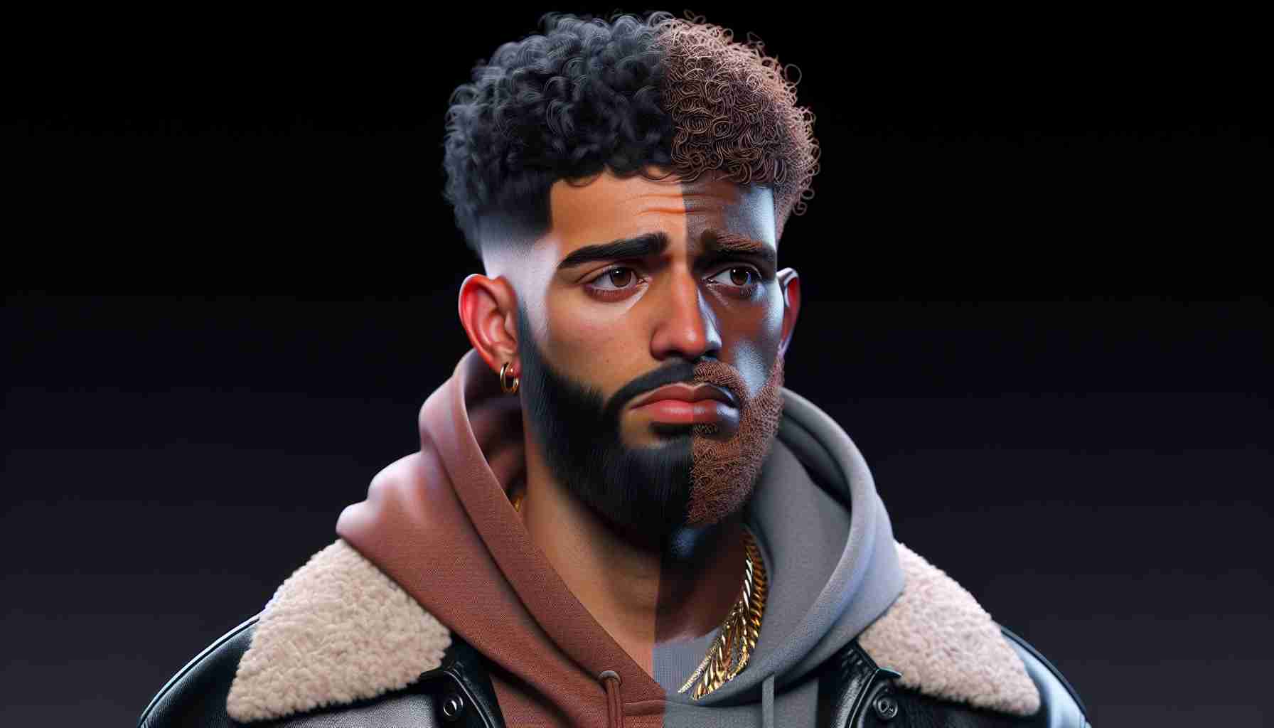 A realistic HD image of a Canadian rapper, displaying diverse skin tones from the Afro-Canadian descent, and wearing a fashionable modern hip-hop attire. His expressive face, framed by a neatly-trimmed beard and short curly hair, shows disappointment after a series of betting losses.