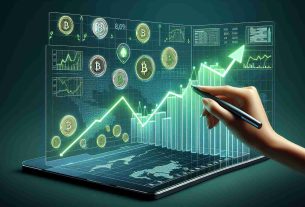 Create a graph visualizing a noticeable and optimistic surge in a fictional cryptocurrency. The graph should be accompanied by signs of a powerful upward trend, like an upward-pointing arrow and a bright green color symbolizing growth. The graph is on a modern, digital display complete with high-resolution and realistic design.