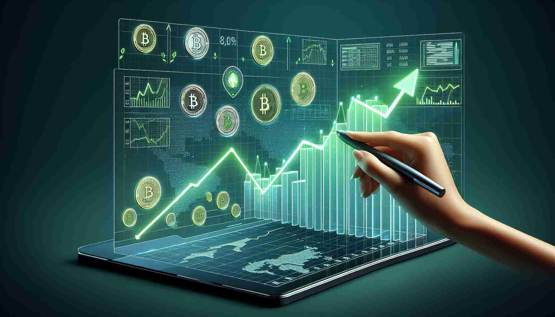 Create a graph visualizing a noticeable and optimistic surge in a fictional cryptocurrency. The graph should be accompanied by signs of a powerful upward trend, like an upward-pointing arrow and a bright green color symbolizing growth. The graph is on a modern, digital display complete with high-resolution and realistic design.