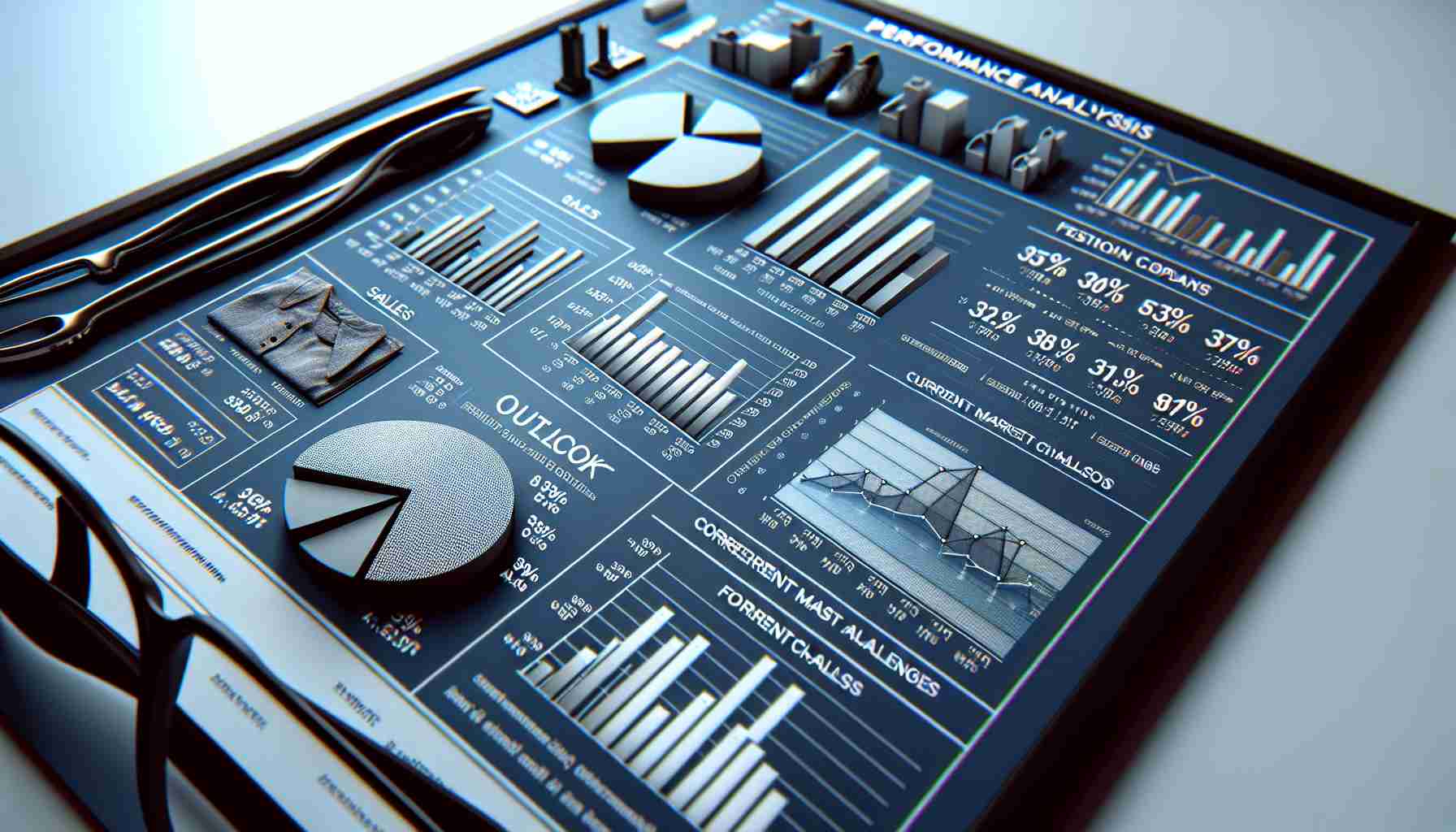 A detailed and crystal clear HD image of a performance analysis chart of a generic fashion retail company. The chart should display financial figures, including sales, revenues, and profitability, over a period of time. The same chart should also reflect the outlook or forecast considering current market challenges. There might be bar graphs, pie charts, line graphs, and maybe a brief textual analysis as well. The overall tone should be professional and analytical.