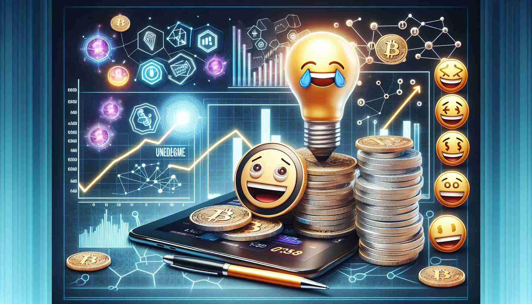 A high-definition, realistic image representing the concept of 'Understanding Meme Coins'. It should depict elements associated with cryptocurrency, like digital graphs, abstract coin symbols, a smart device with crypto trading on its screen, and a lightbulb representing the idea of 'understanding'. Also, include a depiction of humor such as a laughing emoji or a comic bubble to signify the joke aspect. This combination should visually communicate that 'meme coins' are more than just a crypto joke.