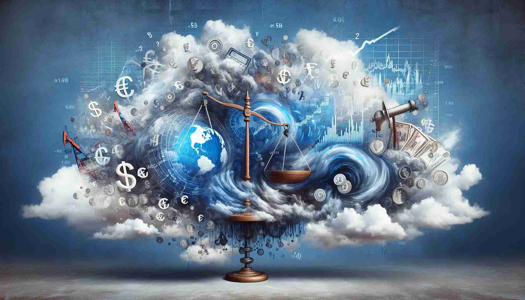 Illustrative image of global financial uncertainty with symbolic representations such as a balancing scale, a fluctuating graph line, mixed currency symbols, and a world map, all embedded within a cloud of storm. Add an oil pump to represent the conclusion of the historic oil deal. The overall artistry should be realistic and high definition.