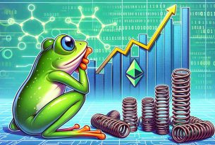 An illustrative and HD image where a cartoon-inspired frog, painted in vibrant shades of green, gazes at a graph that shows an ascending line, denoting growth. The graph is positioned on a background which is designed to resemble digital currency, with binary numbers and network connections subtly displayed across the entire surface. The frog is facing a group of tightly coiled springs, syndromes of potential challenges, arranged in a formation which subtly represents the Ethereum logo.