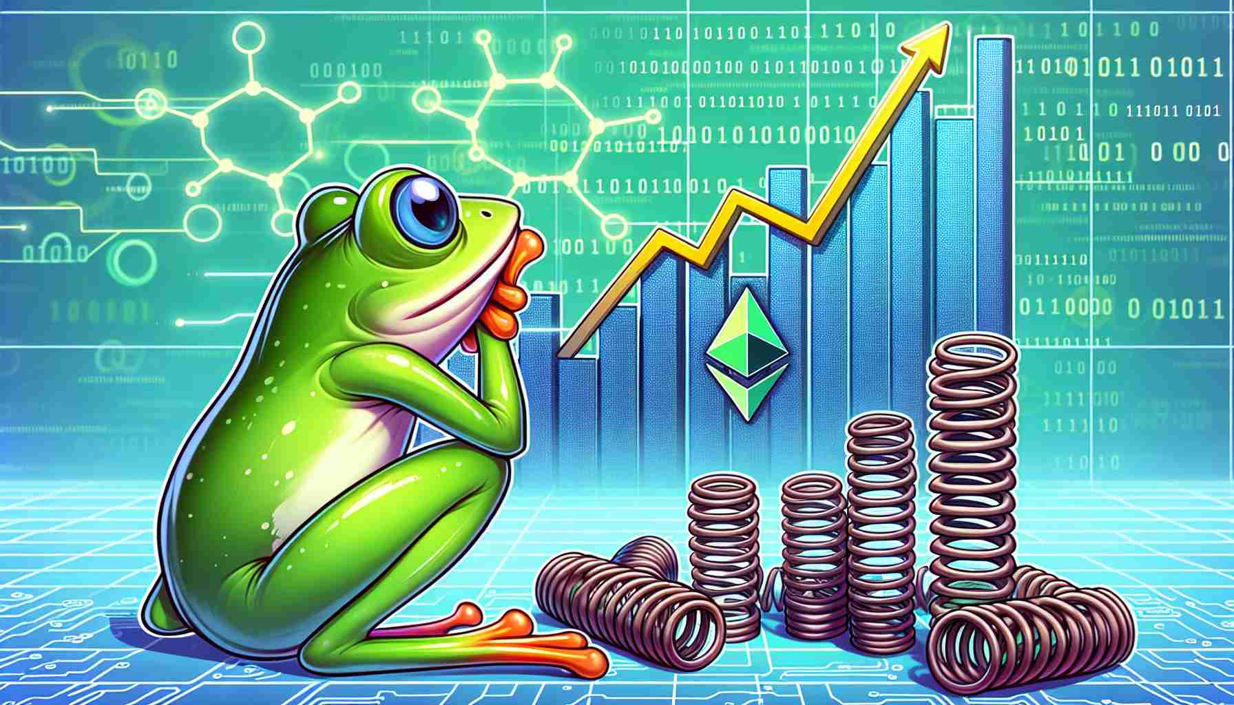 An illustrative and HD image where a cartoon-inspired frog, painted in vibrant shades of green, gazes at a graph that shows an ascending line, denoting growth. The graph is positioned on a background which is designed to resemble digital currency, with binary numbers and network connections subtly displayed across the entire surface. The frog is facing a group of tightly coiled springs, syndromes of potential challenges, arranged in a formation which subtly represents the Ethereum logo.