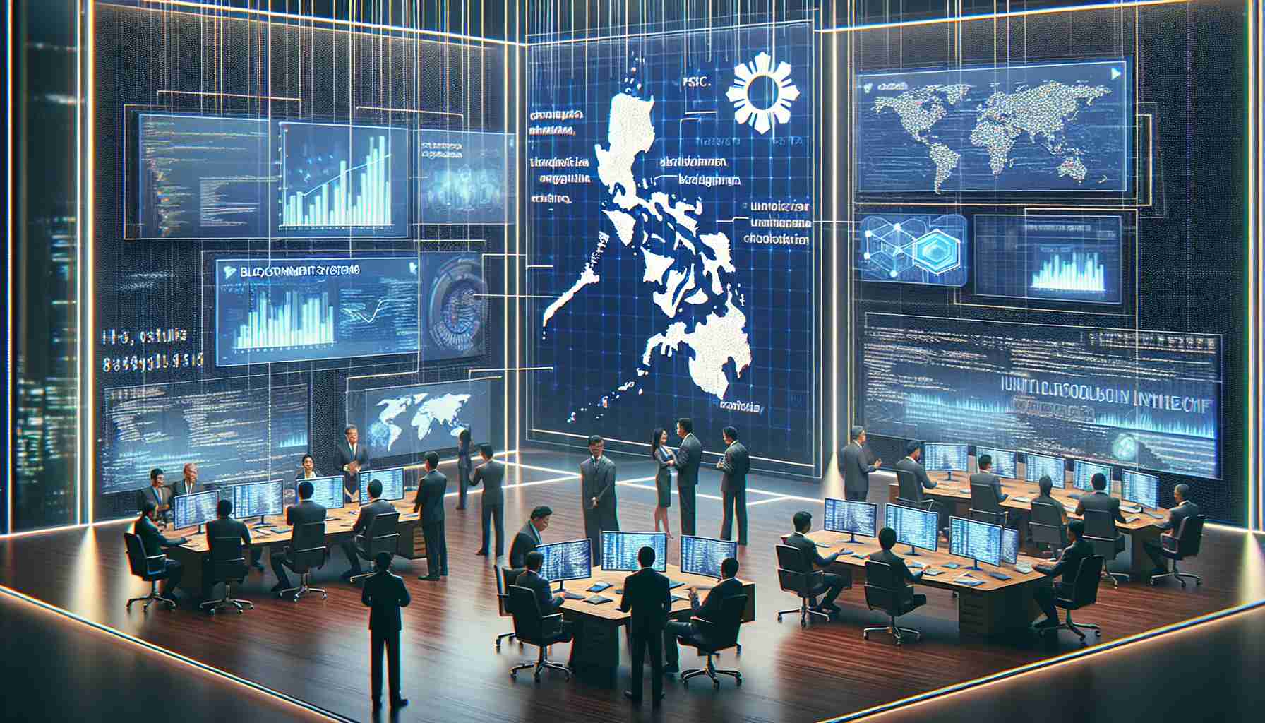 A high-definition image depicting the scenario where Philippines is in the process of transitioning government systems through the use of blockchain technology. Picture a scene with government officials, of varying genders and descents, collaborating inside a modern office with screens displaying graphs, algorithms, and blockchains. Digital screens on the walls show coding sequences and encrypted logic blocks of a blockchain network. In the forefront, a large screen displays the map of Philippines, symbolizing the nationwide adoption of the technology.