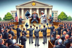 A high-resolution image depicting a symbolic scene of Ethereum advocates securing a regulatory victory. The illustration should be realistic and represent the concept metaphorically. This could be shown as a multi-ethnic group of men and women in formal attire, some holding Ethereum logos, while others portray regulatory bodies. In the background, there could be a courthouse or government building where these conversations happen along with the sense of a positive outcome for the Ethereum advocates.