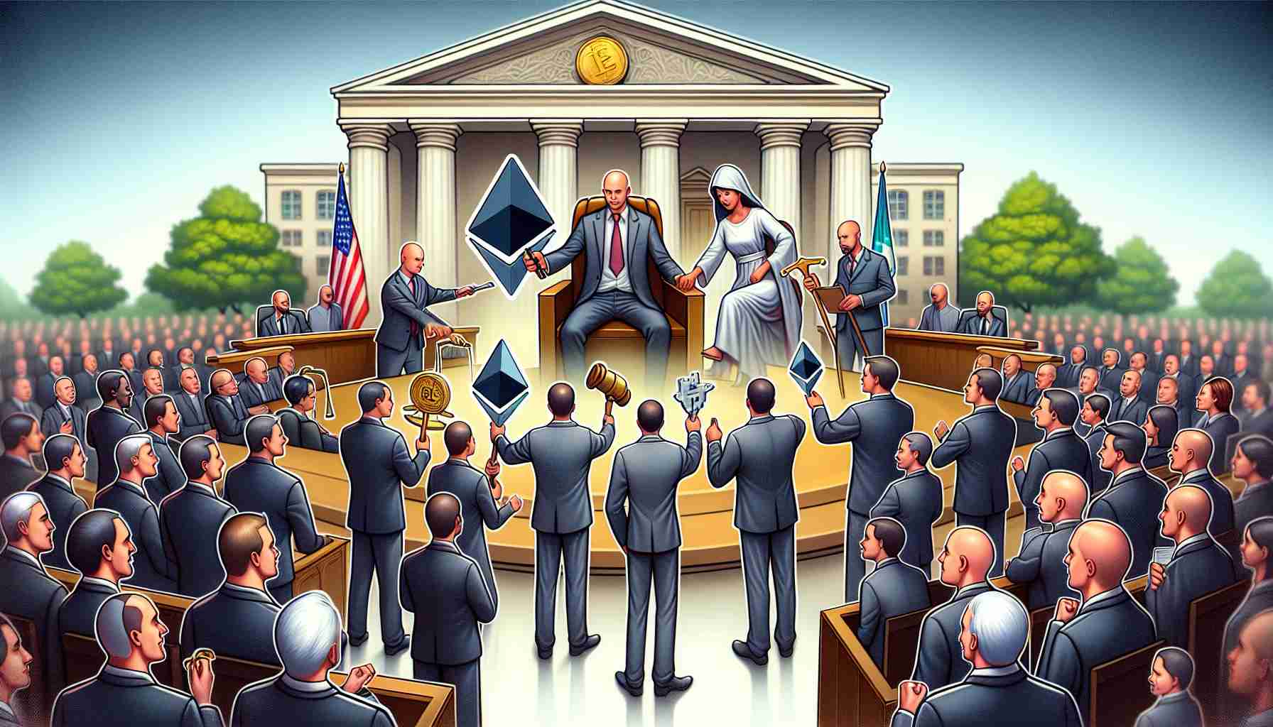 A high-resolution image depicting a symbolic scene of Ethereum advocates securing a regulatory victory. The illustration should be realistic and represent the concept metaphorically. This could be shown as a multi-ethnic group of men and women in formal attire, some holding Ethereum logos, while others portray regulatory bodies. In the background, there could be a courthouse or government building where these conversations happen along with the sense of a positive outcome for the Ethereum advocates.