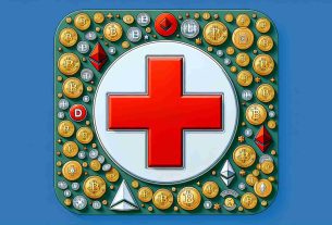 Generate a realistic HD image of the following scenario: The emblem of the British Red Cross, prominently displayed in the centre, surrounded by various universally recognizable symbols of cryptocurrencies. Signs of Bitcoin, Ethereum, Litecoin, etc. are scattered around, implying that these digital assets are being accepted for contributions.