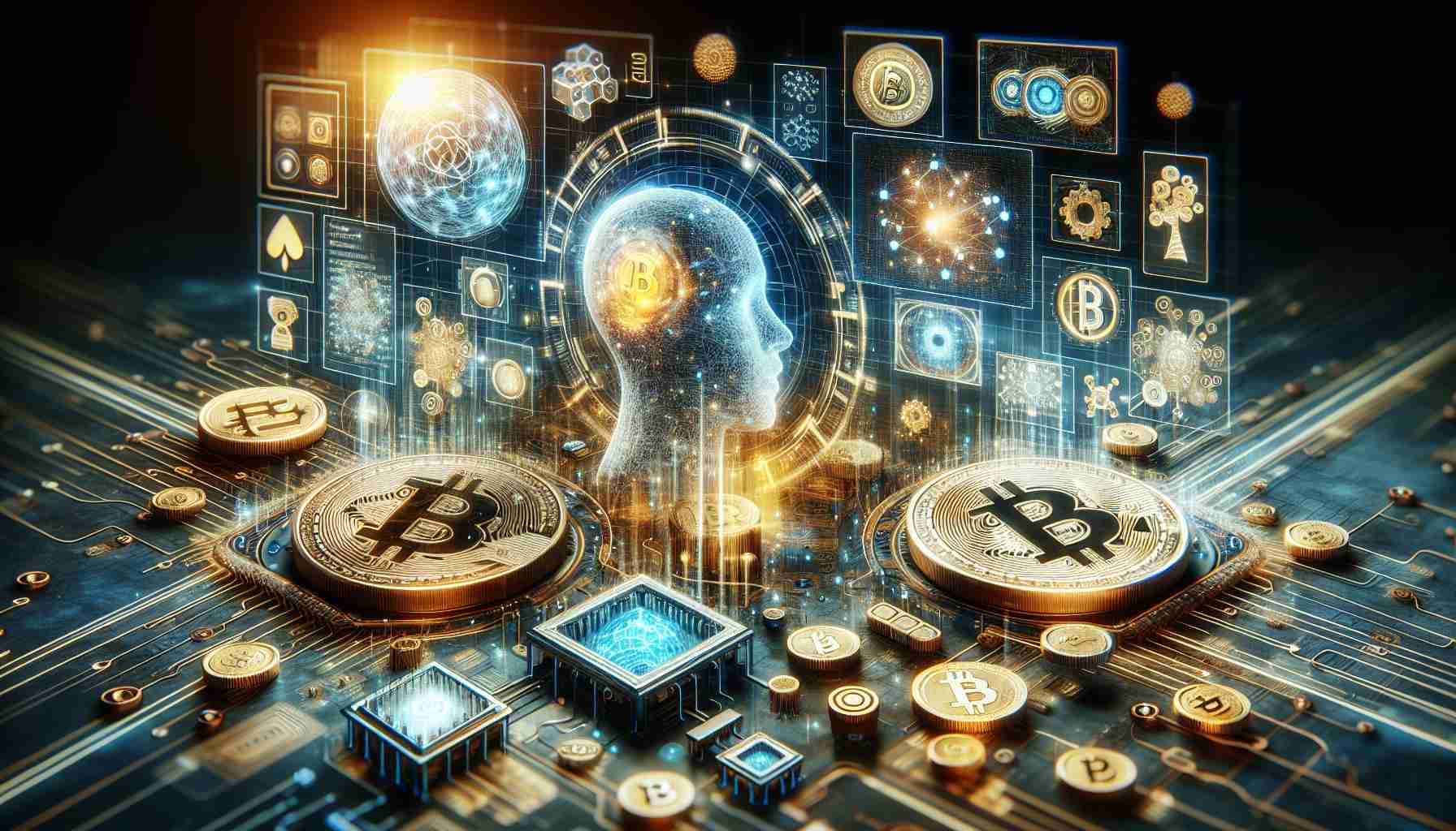 A highly detailed and realistic image depicting the concept of future technology converging, specifically artificial intelligence and Bitcoin. The scene should embody an essence of futuristic innovation, with digital elements and symbols related to both AI and Bitcoin. Possible elements could include binary codes, digital networks, futuristic screens, cryptocurrency icons, and abstract AI representations. The colour scheme could incorporate gold for Bitcoin and cool blue tones to represent artificial intelligence.