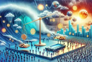 A high definition conceptual image portraying a depiction of the Uniswap cryptocurrency experiencing a price adjustment. The scene illustrates this concept with the use of scales or graphs to show a fluctuation in the value. In the background, visualize metaphoric symbols or signs suggesting a shift in market sentiment, such as weather imagery (e.g., storm clouds for negative sentiment, sunshine for positive sentiment), various-sized crowds of people signaling differing opinions or a wave rolling in symbolizing change. Please refrain from using any specific numbers or values, and maintain a general approach.