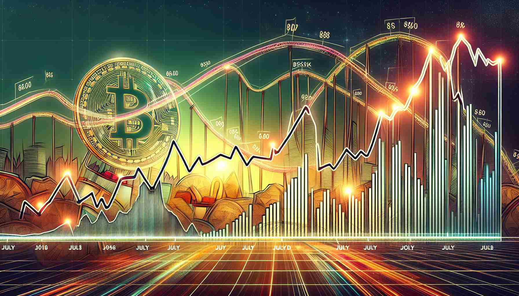 An  ultra high-definition image depicting the representation of Bitcoin's price movements in the form of a line chart. The chart shall span over the month of July, illustrating price fluctuations and the inherent uncertainty in the cryptocurrency market. Emphasize the key points of volatility with vibrant colors and annotations. Also, include a backdrop of a coaster ride to mirror the ups and downs of Bitcoin's value.