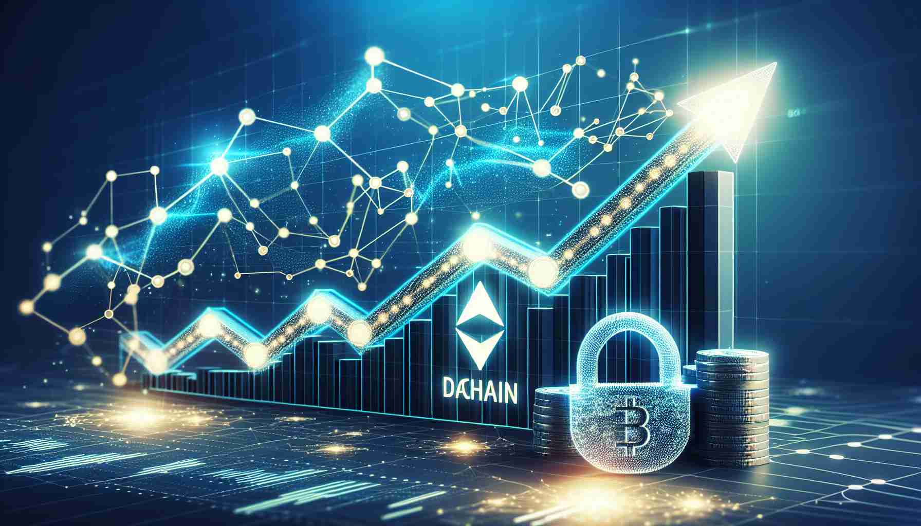 A high-quality, realistic image illustrating the concept of VeChain, a digital asset, targeting the real-world asset market. It's depicted with upward growth and a promising valuation, along with a functional DAO (Decentralized Autonomous Organization). The image can include a dynamic chart showcasing a steep incline, symbolizing a rise in value, with a strong and sturdy chain symbol representing VeChain. The DAO can be represented by a network of connected nodes signifying its decentralized nature and autonomous functioning.