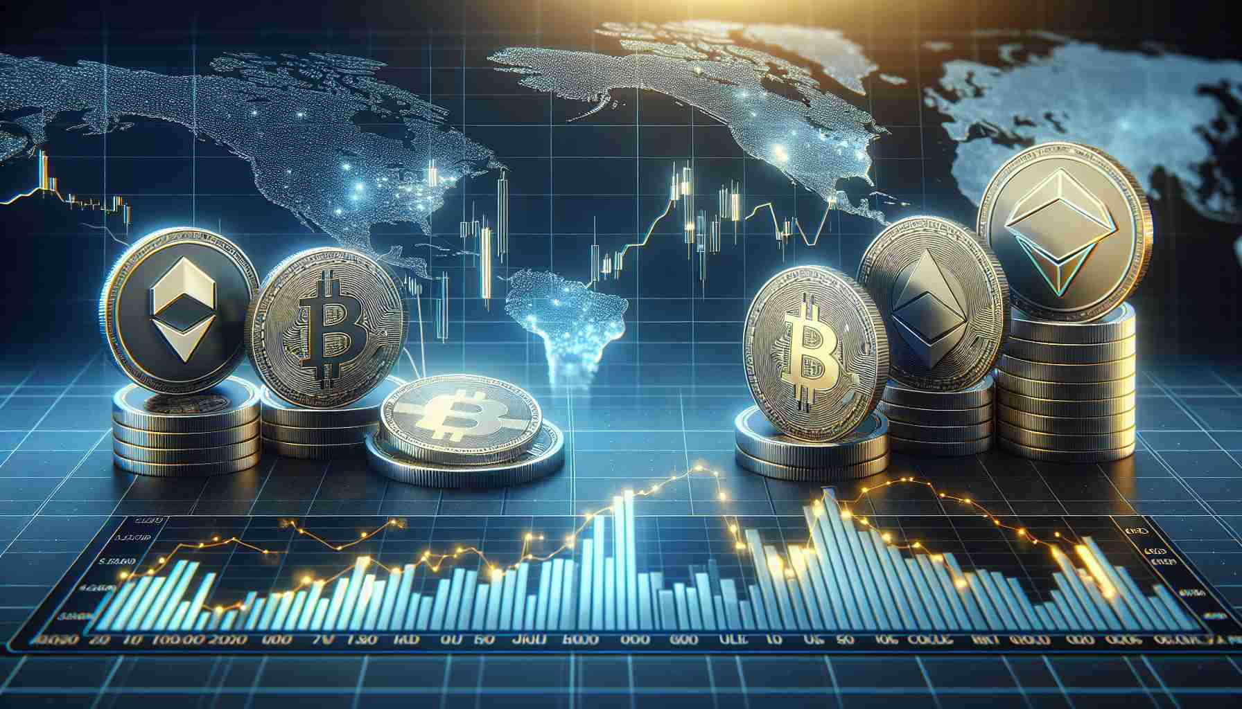 Create a realistic High-Definition image presenting the top five cryptocurrencies for investment opportunities during the month of July. The image should feature coins or symbols representing these cryptocurrencies, accompanied by a graph indicating their performance. Please provide the names of these cryptocurrencies in text, but no specific logos or branding should be used to avoid copyright infringement.