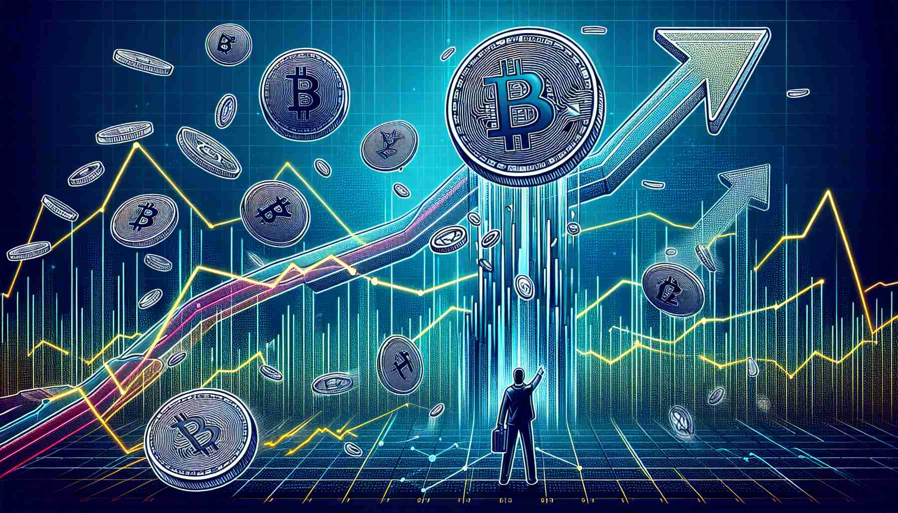 Create a detailed, high-definition illustration representing the concept of a major market movement caused by a token airdrop. It should include symbols symbolizing a currency or token drop, such as coins or tokens falling from the sky. In response to this, visualise dynamic lines and arrows in different directions to depict the dramatic changes in the market.