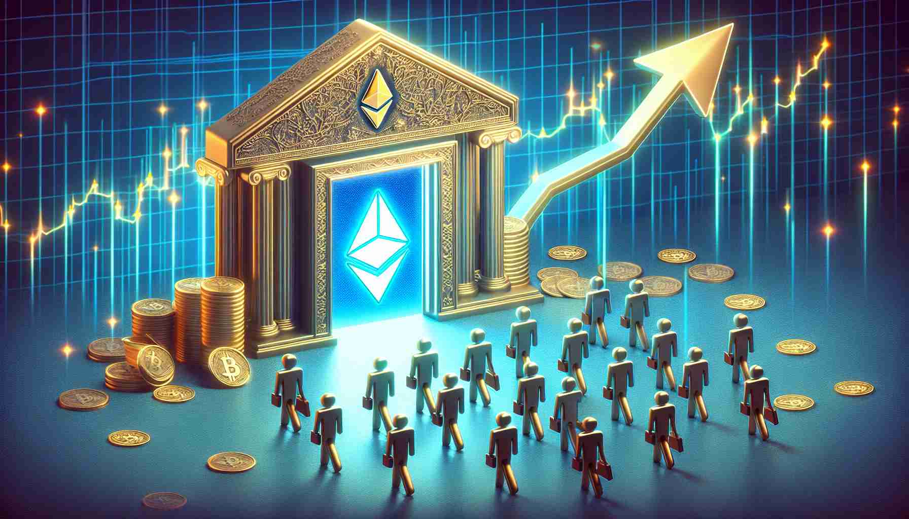 Generate a high-definition, realistic image of the concept of Ethereum Staking gaining momentum. The scene should include symbolic representation of new participants entering the Ethereum staking arena, possibly through the image of a digital entrance or gateway. This could be complemented by an upward trending graph in the background indicating the increasing popularity and growth of Ethereum staking.