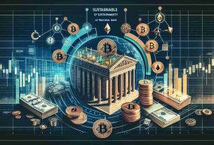 A high resolution image realistically portraying the sustainable analysis of cryptocurrency markets as per traditional bank research. The image should contain elements symbolizing cryptocurrency like Bitcoin and Ethereum coins, alongside symbols of major banking sectors, like a grand building, currency notes, and a massive ledger book. An analytical chart showing variables for sustainability like market trends, volume, etc., should be central to the image. Geometrical vectors could be added for an aesthetic touch.