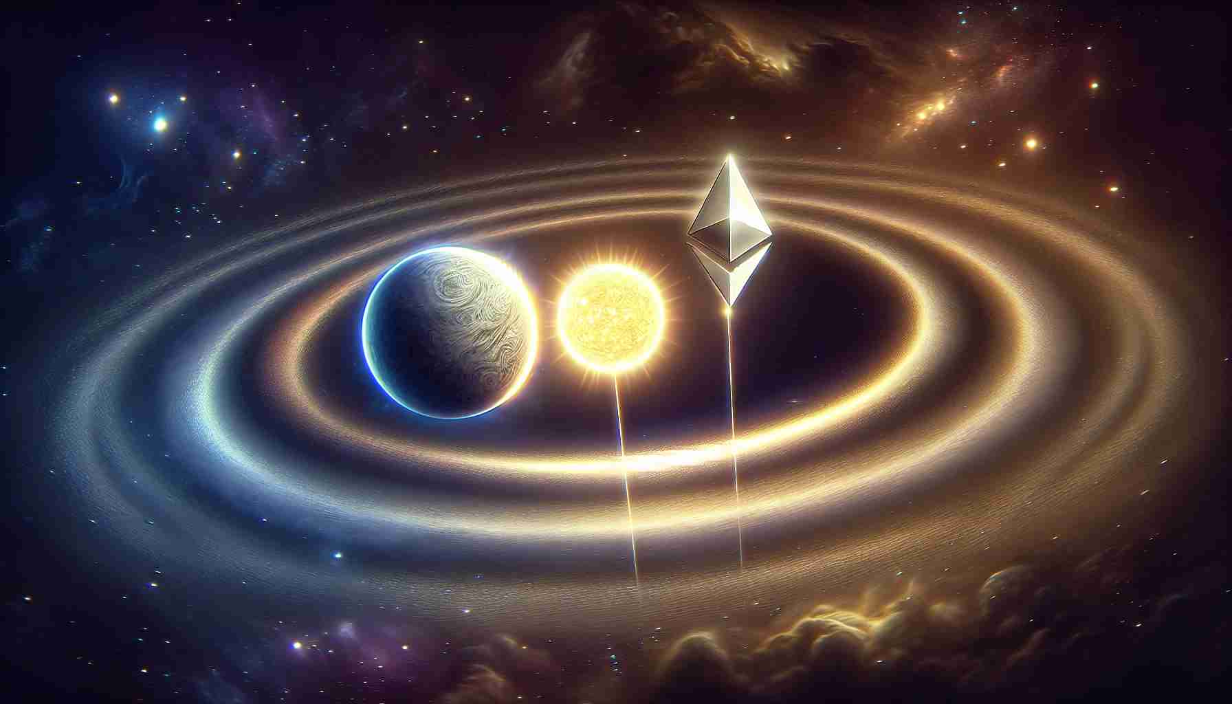 Realistic representation of symbolic scene in high definition where two celestial bodies are labelled as 'Solana' and 'Ethereum'. These bodies are set against the cosmos, with 'Solana' moving into a prominent position, partially obscuring 'Ethereum', in a portrayal of it becoming a more influential figure in the world of blockchain technology.