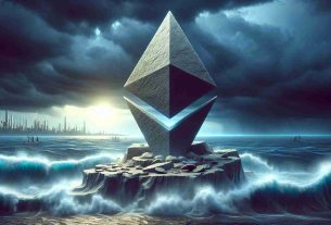 A high-definition, realistic image that represents the continuous robust development of Ethereum despite market fluctuations. The image could depict a solid, steady Ethereum logo carved out of rock, standing tall amidst a turbulent ocean that symbolizes the fluctuating marketplace. The sky is darkened by looming clouds, signifying market volatility, but the sun breaking through the clouds hints at Ethereum's persistent advancement. On the horizon, we see a city skyline symbolizing progress and growth.