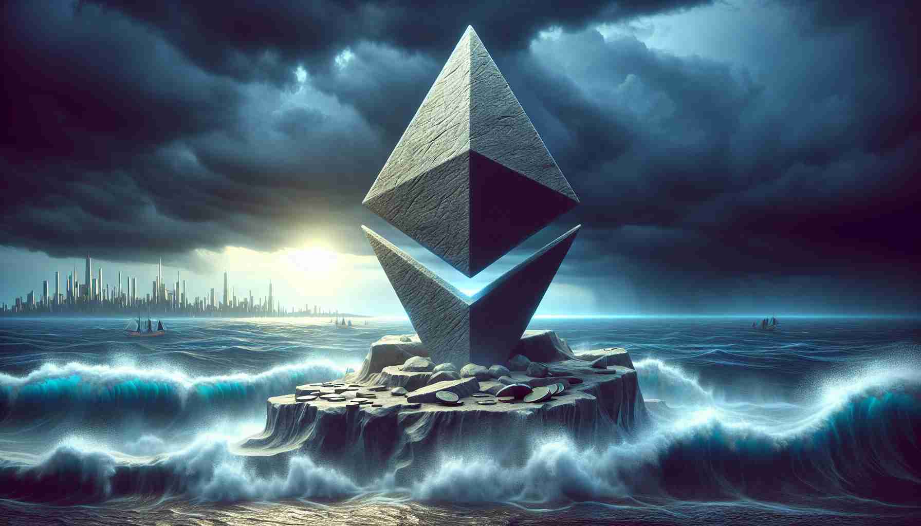 A high-definition, realistic image that represents the continuous robust development of Ethereum despite market fluctuations. The image could depict a solid, steady Ethereum logo carved out of rock, standing tall amidst a turbulent ocean that symbolizes the fluctuating marketplace. The sky is darkened by looming clouds, signifying market volatility, but the sun breaking through the clouds hints at Ethereum's persistent advancement. On the horizon, we see a city skyline symbolizing progress and growth.