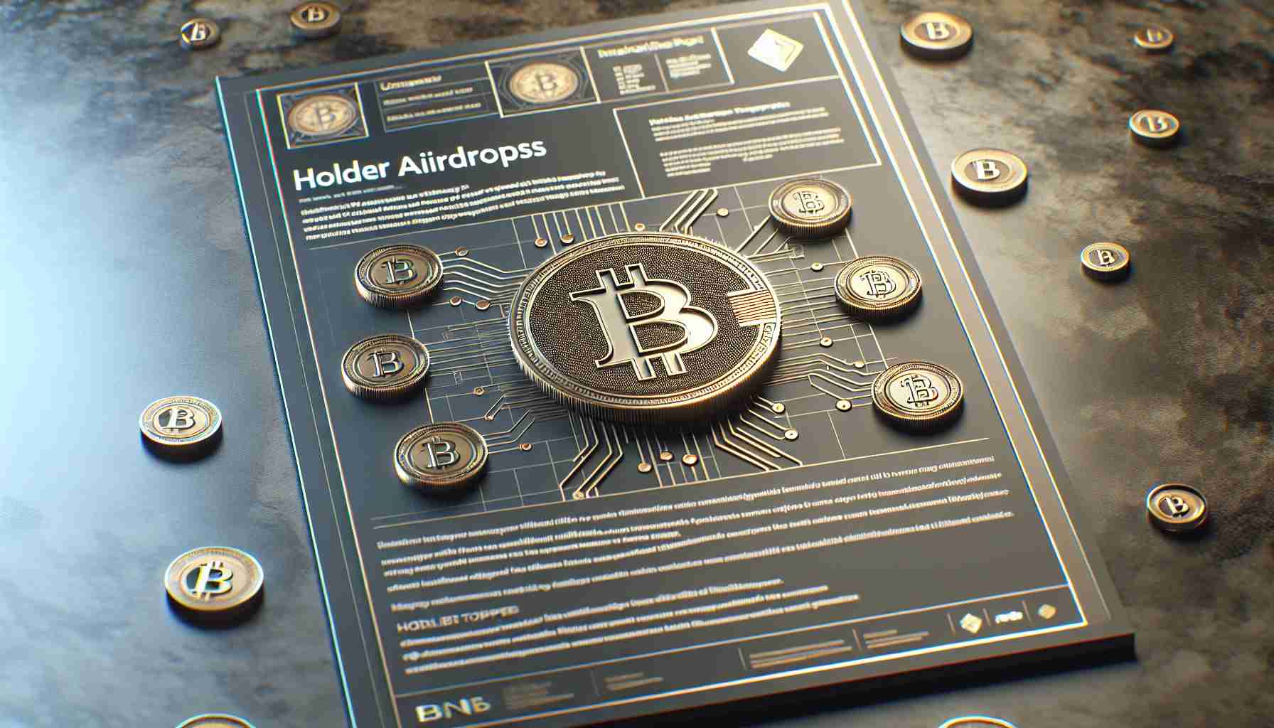 A high-definition, photorealistic depiction of an information sheet introducing a concept labelled 'HODLer Airdrops' for holders of a digital currency token symbolized by the letters 'BNB'. The sheet should include imagery of the token and decorative graphical elements to evoke a sense of technological sophistication and economic opportunity.