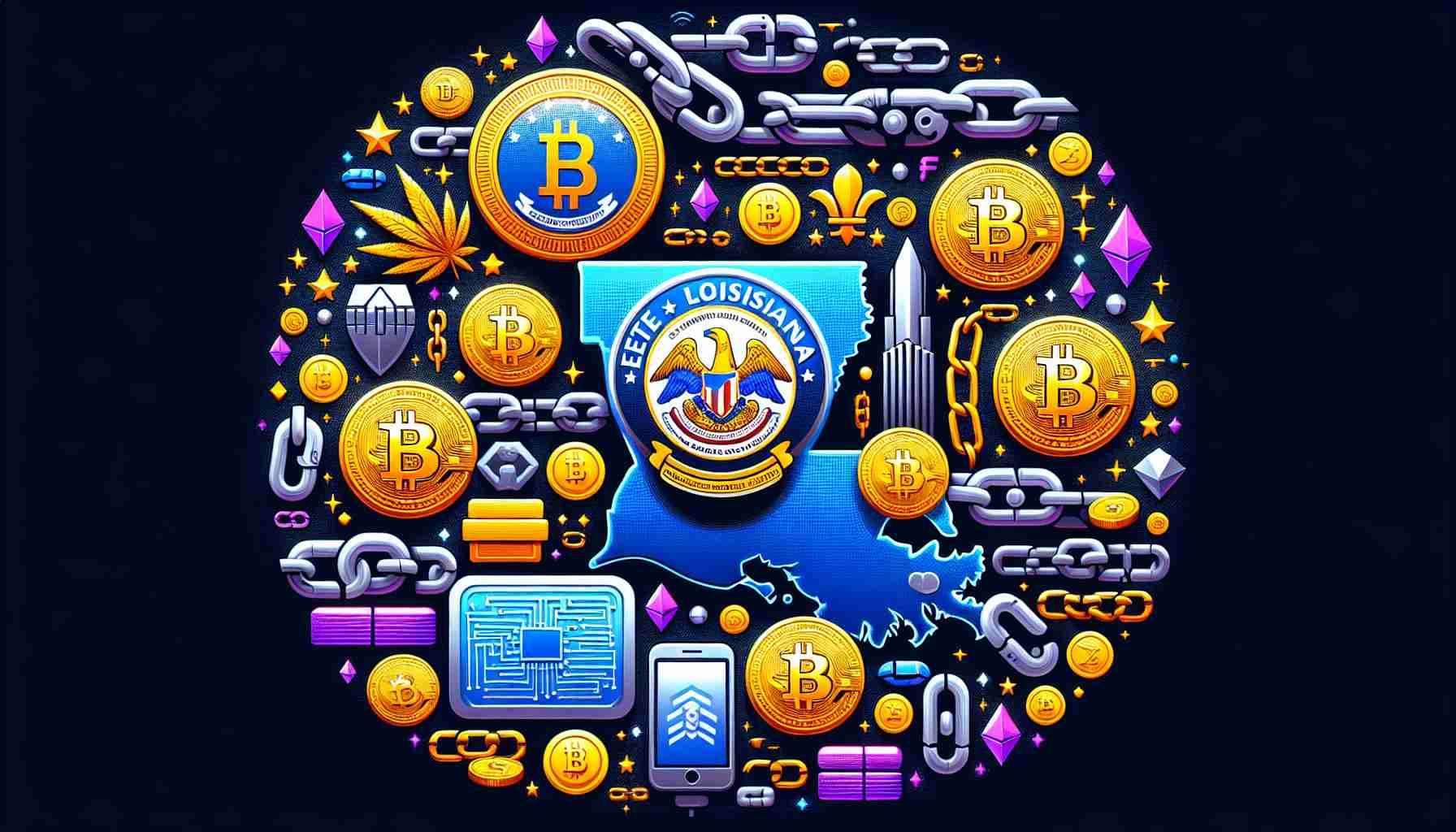 Generate a realistic high-definition image depicting the idea of Louisiana supporting and protecting blockchain and cryptocurrency activities, while simultaneously rejecting central bank digital currencies. Include prominent symbols of Louisiana and visual elements associated with blockchain and cryptocurrency, such as chains, coins, and relevant technology symbols. Avoid including actual people or specific logos. The image should portray a clear contrast between the encouraged crypto activities and discouraged central bank digital currencies.