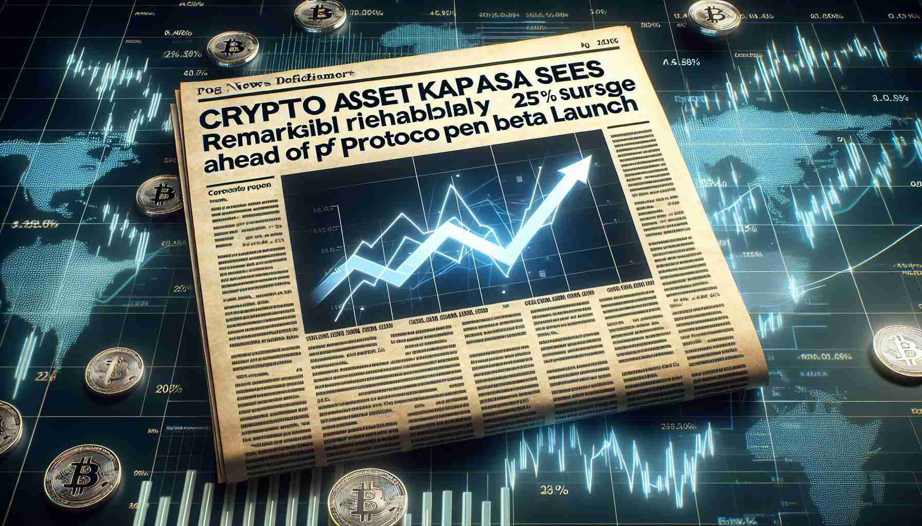 High-definition, realistic image of a piece of news headline reading 'Crypto Asset Kaspa Sees Remarkable 25% Surge Ahead of Protocol Open Beta Launch' with background graphics of rising financial charts implying a surge and a conceptual design representing crypto asset Kaspa.