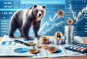 Create an image simulating a financial news headline where market bears overpower a dog-inspired cryptocurrency leading to significant futures contracts liquidations. The image might include a bear symbolizing bearish trend and coins with a dog logo on them. Also include graphical representations of fluctuating market trends. The image should be of high definition and realistic style.