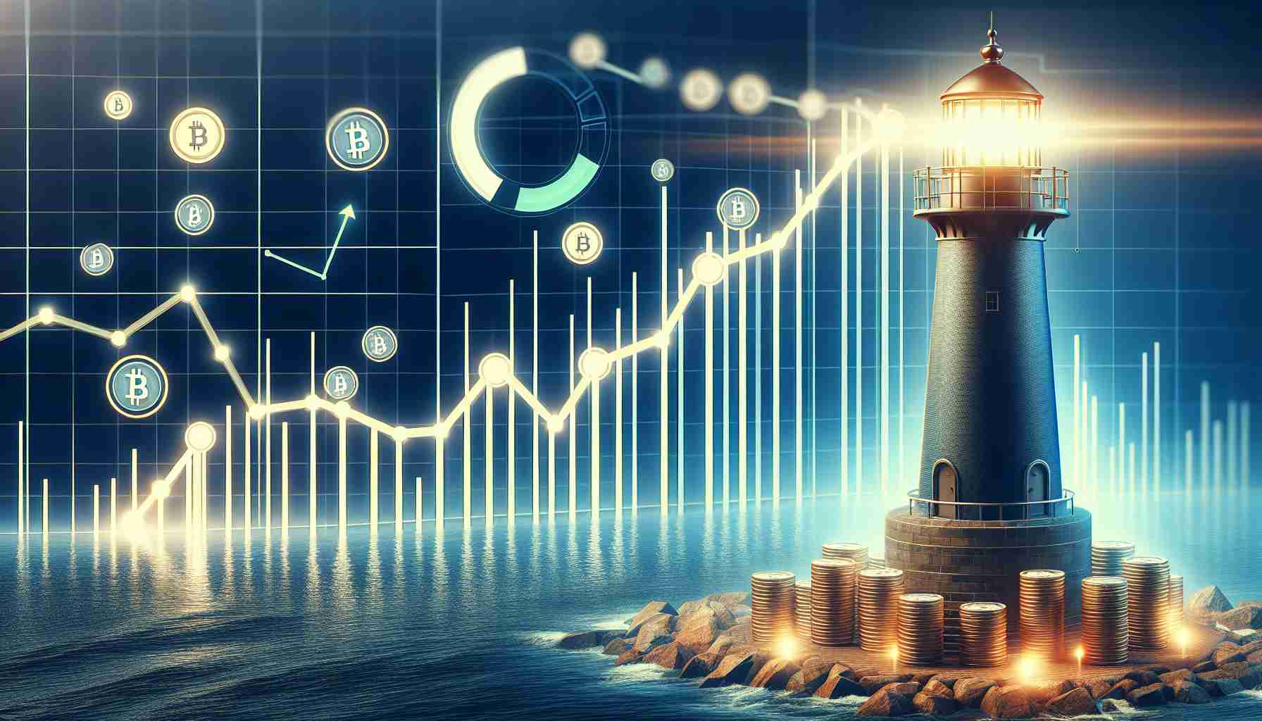 Create a high-definition, realistic image that depicts the record surge of a generic cryptocurrency as a beacon of growth in the digital currency world. It can include graphical representations such as line graphs, bar graphs or pie charts showing significant upward trends and positive performance, paired with symbolic visuals of a beacon or lighthouse highlighting growth and prosperity in the digital financial landscape.