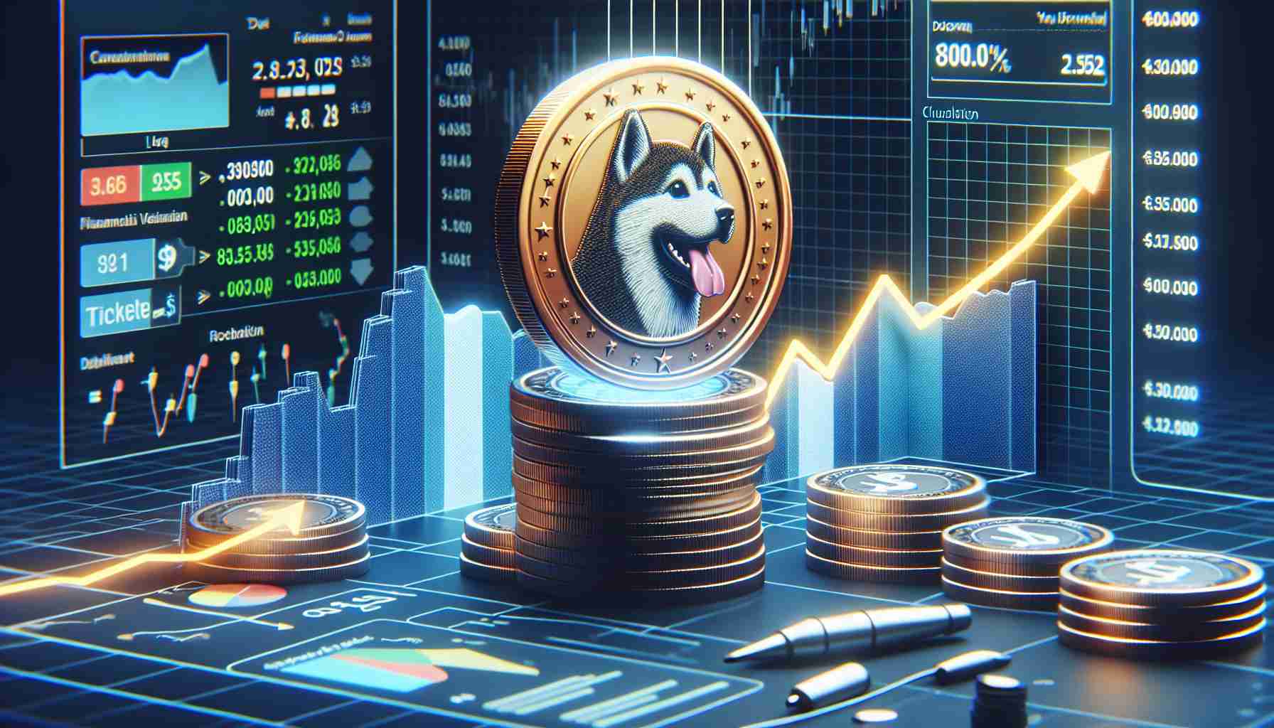 A realistic, high-definition illustration of a stock market scenario themed on fictional Dogwifhat tokens. The visualization reveals a downturn in the value of the token but there's an array of optimistic signs indicating potential upward movement in the near future. Perhaps a fluctuation graph, some financial analysis reports, and tickers can be shown. Create a modern, sophisticated financial ambiance.