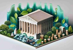 A detailed, realistic photo showcasing the symbolic representation of the Supreme Court making changes to agency authority over environmental and financial regulations. Please illustrate a grand building with neoclassical architecture representing the Supreme Court. Surround it with symbolical imagery of environmental and financial regulations - trees, green leaves, wildlife for environmental, and stacks of coins, financial papers, graphs for financial regulations. Depict the changes as waves emanating from the building, influencing the surrounding symbols, indicating a reshaping of authority.