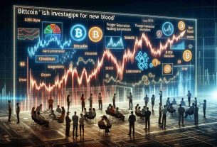 A detailed and realistic HD image illustrating the concept 'Bitcoin's Investment Landscape: The Struggle for New Blood'. Visualize a fluctuating stock market graph, with various symbols and graphs. Include elements that symbolise 'new blood', such as younger generation investors taking interests, navigating the complex landscape of Bitcoin investment. Show multi-ethnic groups of people in the background discussing and analyzing data. Do not depict real people or specific individuals.