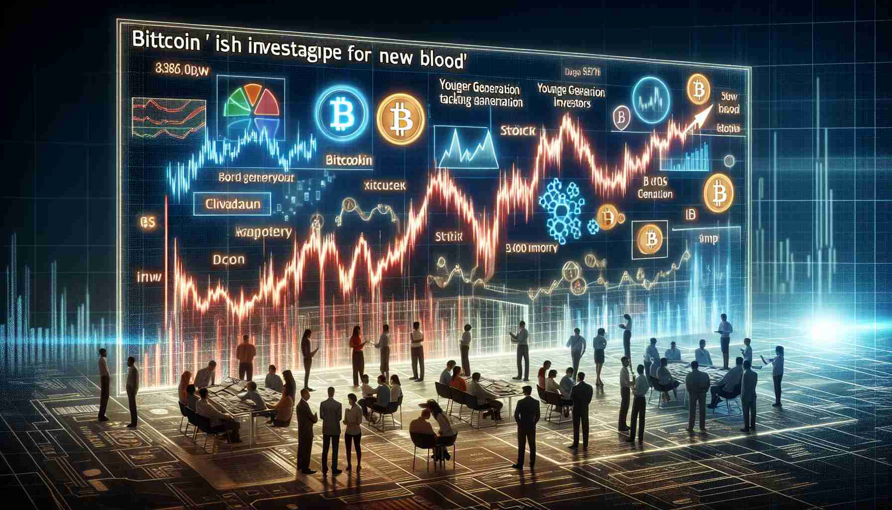 A detailed and realistic HD image illustrating the concept 'Bitcoin's Investment Landscape: The Struggle for New Blood'. Visualize a fluctuating stock market graph, with various symbols and graphs. Include elements that symbolise 'new blood', such as younger generation investors taking interests, navigating the complex landscape of Bitcoin investment. Show multi-ethnic groups of people in the background discussing and analyzing data. Do not depict real people or specific individuals.