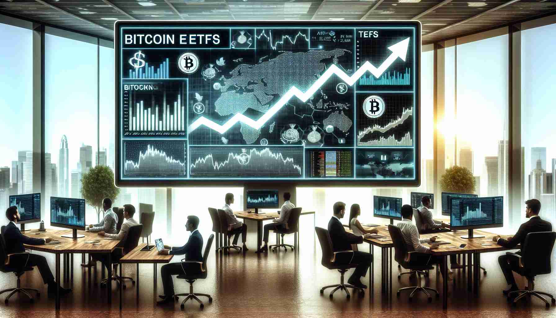 Create a high-quality realistic visual representation showing an influx in the adoption of Bitcoin exchange-traded funds (ETFs). Illustrate an image of computer screens displaying increasing graphs and datasets related to Bitcoin ETFs. Also include a backdrop of a busy modern office environment representing financial analysts at work. The imagery should portray an overall sense of enhanced liquidity in the cryptocurrency market.