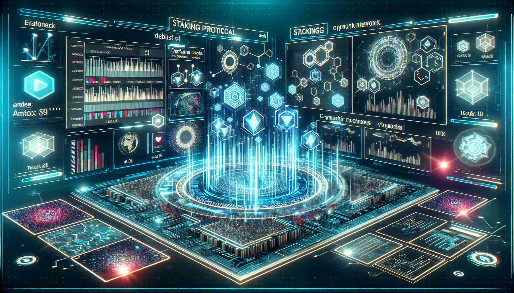 Generate a detailed and realistic high-definition image showcasing the debut of an innovative staking protocol on an open network platform. The scene should display a modern and cutting-edge digital interface with vibrant graphics that represent the complex mechanisms of the staking protocol. Ideally, there should be a visualization of cryptographic codes, flowcharts, network diagrams, and progress bars, all set on a high-tech background. Indicate an energetic and momentous atmosphere to represent the debut of this futuristic technology on the open network.