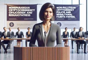 A realistic HD photo of a female public figure with shoulder-length dark hair and a confident demeanor, advocating for nonpartisan cryptocurrency policies and regulatory fairness. She's standing behind a sleek, modern wooden podium and addressing a diverse audience. The backdrop has a banner advocating for the cause. She is middle-aged, wearing professional attire of a blazer and blouse, comfortably engaging with her listeners.