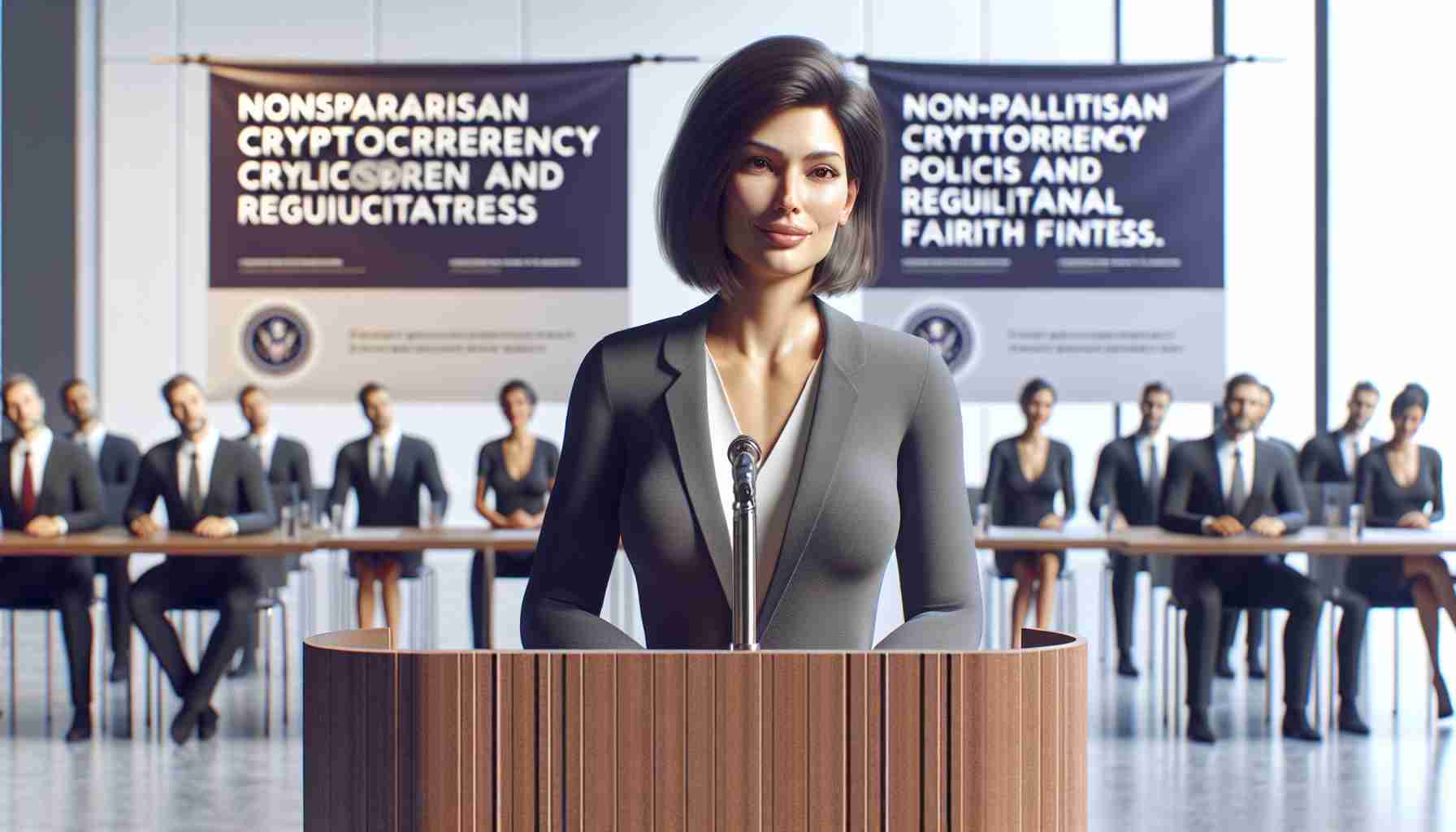 A realistic HD photo of a female public figure with shoulder-length dark hair and a confident demeanor, advocating for nonpartisan cryptocurrency policies and regulatory fairness. She's standing behind a sleek, modern wooden podium and addressing a diverse audience. The backdrop has a banner advocating for the cause. She is middle-aged, wearing professional attire of a blazer and blouse, comfortably engaging with her listeners.