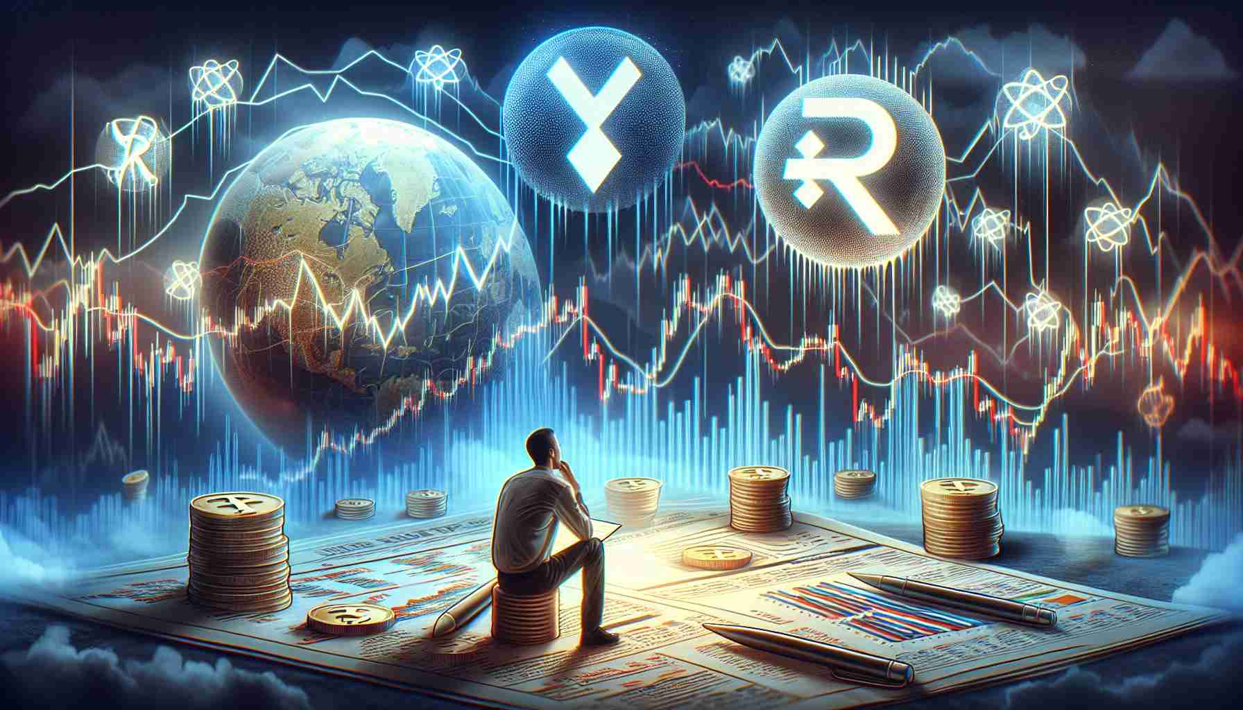 A High Resolution image depicting the phenomenon of XRP drawing investor interest in the midst of crypto market challenges. This includes symbols of XRP, anxious investors studying charts and graphs, and a representational backdrop illustrating the volatile crypto market. The atmosphere should be tense but hopeful, including soft lightning highlighting the intense focus on the graphs and charts.