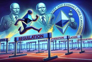 A high-definition artistic illustration representing the concept of Ethereum overcoming regulatory hurdles. This might involve a symbol or logo of Ethereum, possibly represented as a runner or athlete, leaping triumphantly over a daunting hurdle labelled 'Regulation'. In the background, an entity representing the Securities and Exchange Commission (SEC) is depicted as a figure or group of figures, appearing satisfied or content, signalling the end of their investigation.