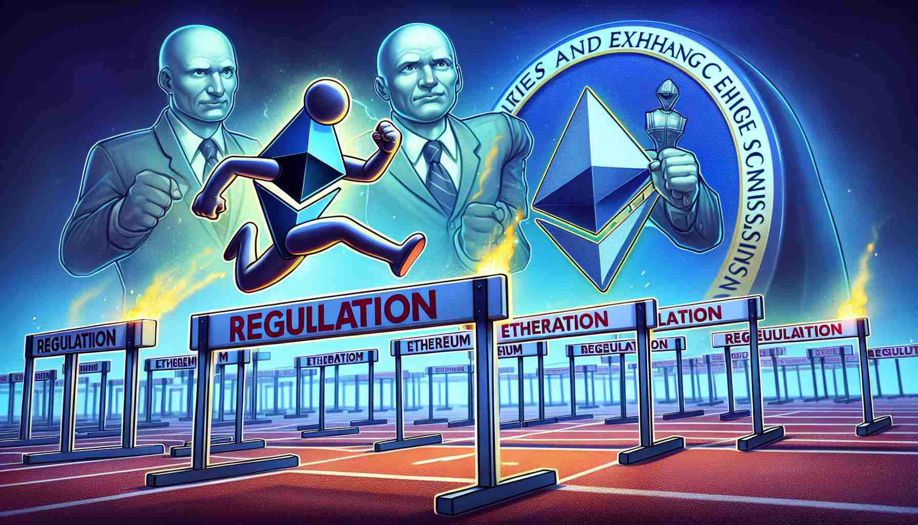 A high-definition artistic illustration representing the concept of Ethereum overcoming regulatory hurdles. This might involve a symbol or logo of Ethereum, possibly represented as a runner or athlete, leaping triumphantly over a daunting hurdle labelled 'Regulation'. In the background, an entity representing the Securities and Exchange Commission (SEC) is depicted as a figure or group of figures, appearing satisfied or content, signalling the end of their investigation.