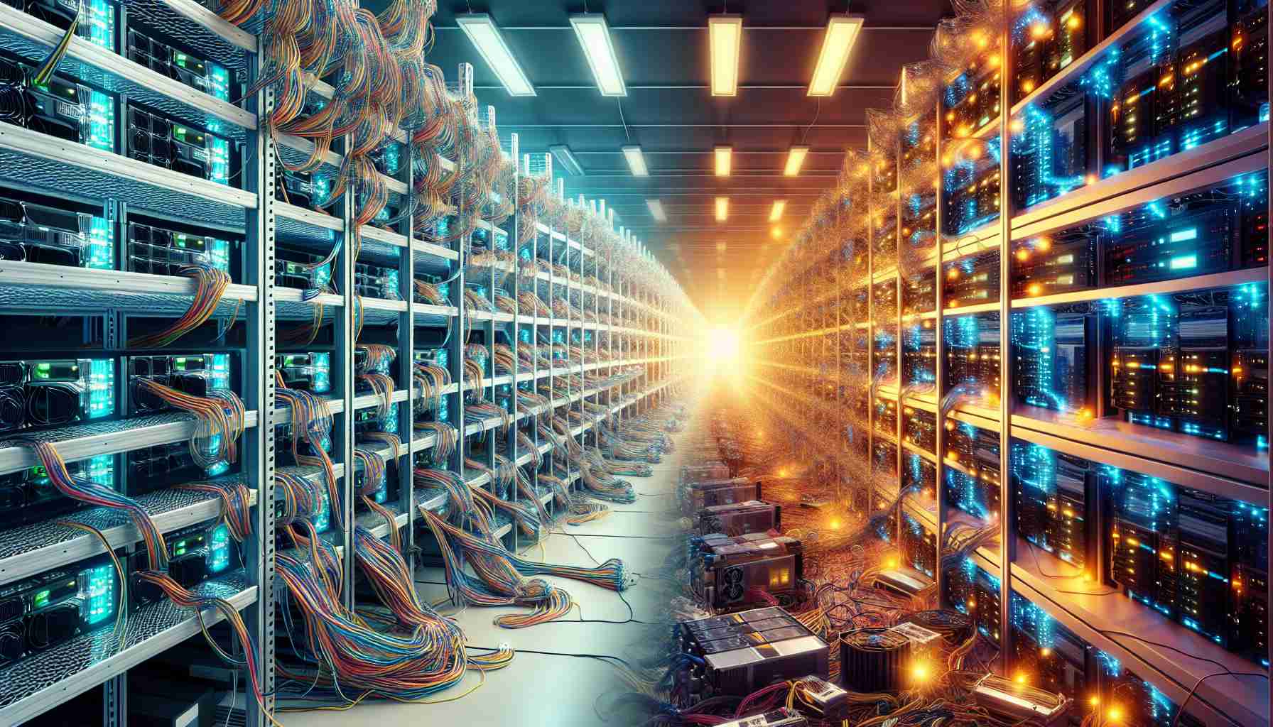 Imagine a scene showing a transition from a typical cryptocurrency mining operation to a sophisticated artificial intelligence data center. The photo should start from one side with a Bitcoin mining facility filled with rows of computer servers, tangled cables, cooling fans, and blinking lights. Gradually, this scene morphs into an ultramodern AI data center on the other side filled with neat rows of cutting-edge technology, with sleek server racks, fiber optics, and streamlined design. The image should be of high-definition and realistic quality.