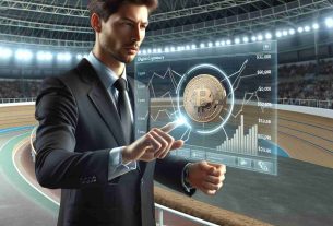 High-quality, realistic image of an adult Caucasian male politician, dressed in business attire, engaging with digital cryptocurrency interface at a velodrome. The screen displays a successful transaction of an investment in digital currency, amounting to $15,000.