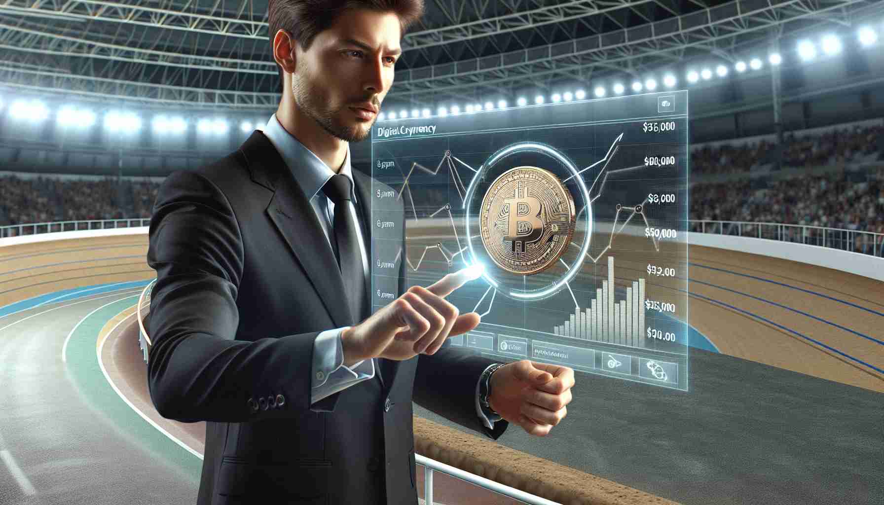 High-quality, realistic image of an adult Caucasian male politician, dressed in business attire, engaging with digital cryptocurrency interface at a velodrome. The screen displays a successful transaction of an investment in digital currency, amounting to $15,000.