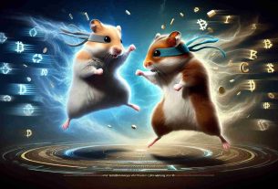 Create a dramatic, high definition image of two animated, cartoon-style hamsters having a playful combat. Each hamster is seen wearing a headband, their stances reveal their readiness for a light-hearted battle. One hamster is chestnut brown while the other is soft white. In the background, a whirlwind of digital, pixel-like symbols, representing cryptocurrency, sweeps around them, signifying the growing trend of online gaming related to crypto. The phrase 'Hamster Kombat Sweeps the Crypto Gaming World' is written in bold, futuristic letters at the bottom of the image.