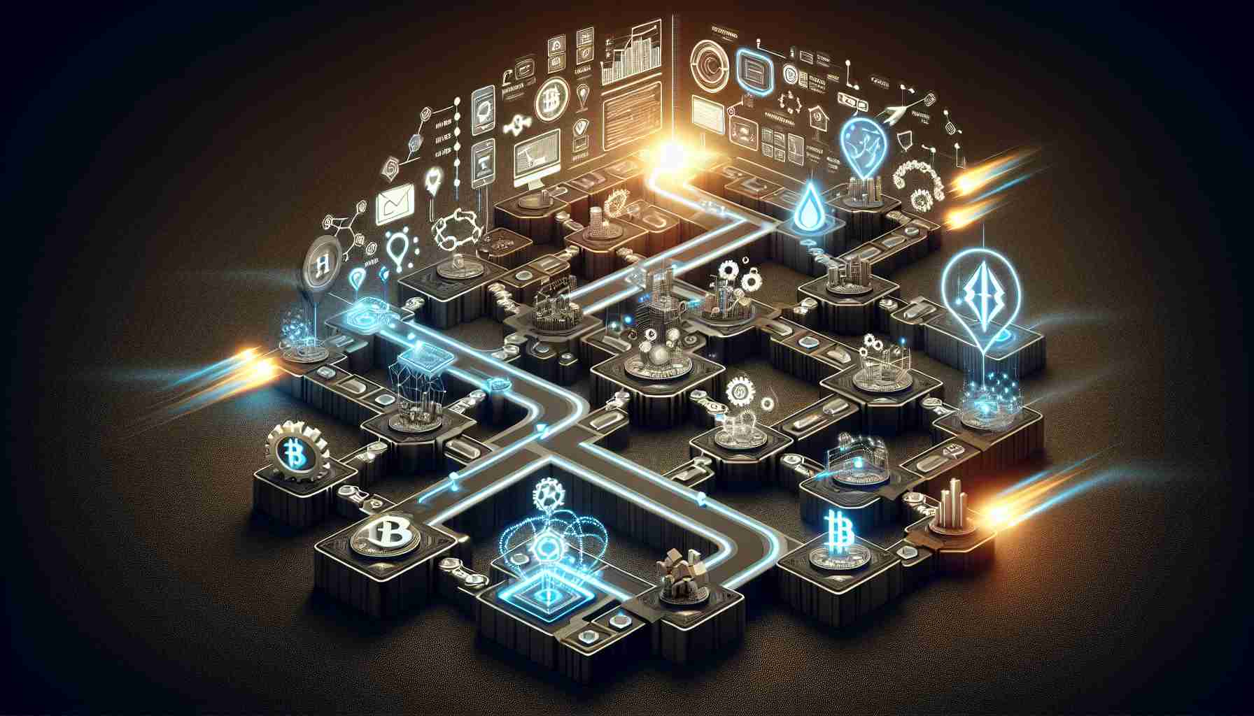 A realistic, high-definition illustration depicting a conceptual roadmap, fashioned with modern graphics. The roadmap displays the innovative steps and solutions in enhancing blockchain performance. It is rich with symbols associated with blockchain technology such as chains, hashes, blocks, cryptographic algorithms, and computing hardware. Additionally, fast lanes, lightning bolts, and other metaphors common in technology to signify speed and efficiency are also incorporated.