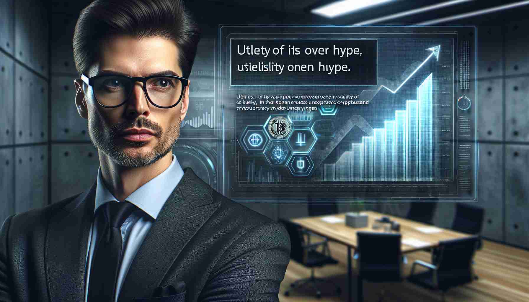 A realistic HD photo of a smartly dressed business executive with glasses in a modern office setting, emphasizing the value of utility over hype in advancing cryptocurrency ventures. His expression conveys seriousness and determination, with a glimpse of a chart showing upward movement signifying progress in the cryptocurrency industry in the background.