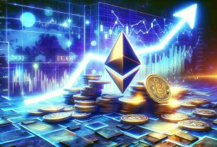 Generate a realistic HD image representing the ascendant trend of altcoins in the cryptocurrency market, dominated by the stability of Ethereum. The scene could include vivid digital graphics, trends and graphs symbolizing the rise of these alternative cryptocurrencies with Ethereum's bold presence being the pillar.