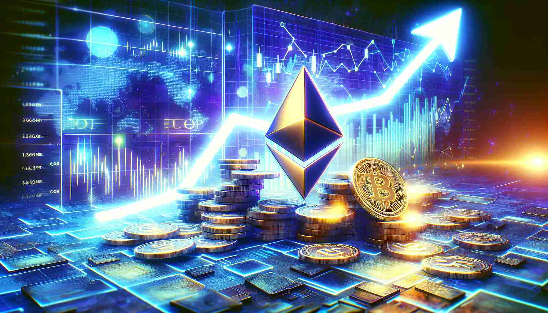 Generate a realistic HD image representing the ascendant trend of altcoins in the cryptocurrency market, dominated by the stability of Ethereum. The scene could include vivid digital graphics, trends and graphs symbolizing the rise of these alternative cryptocurrencies with Ethereum's bold presence being the pillar.